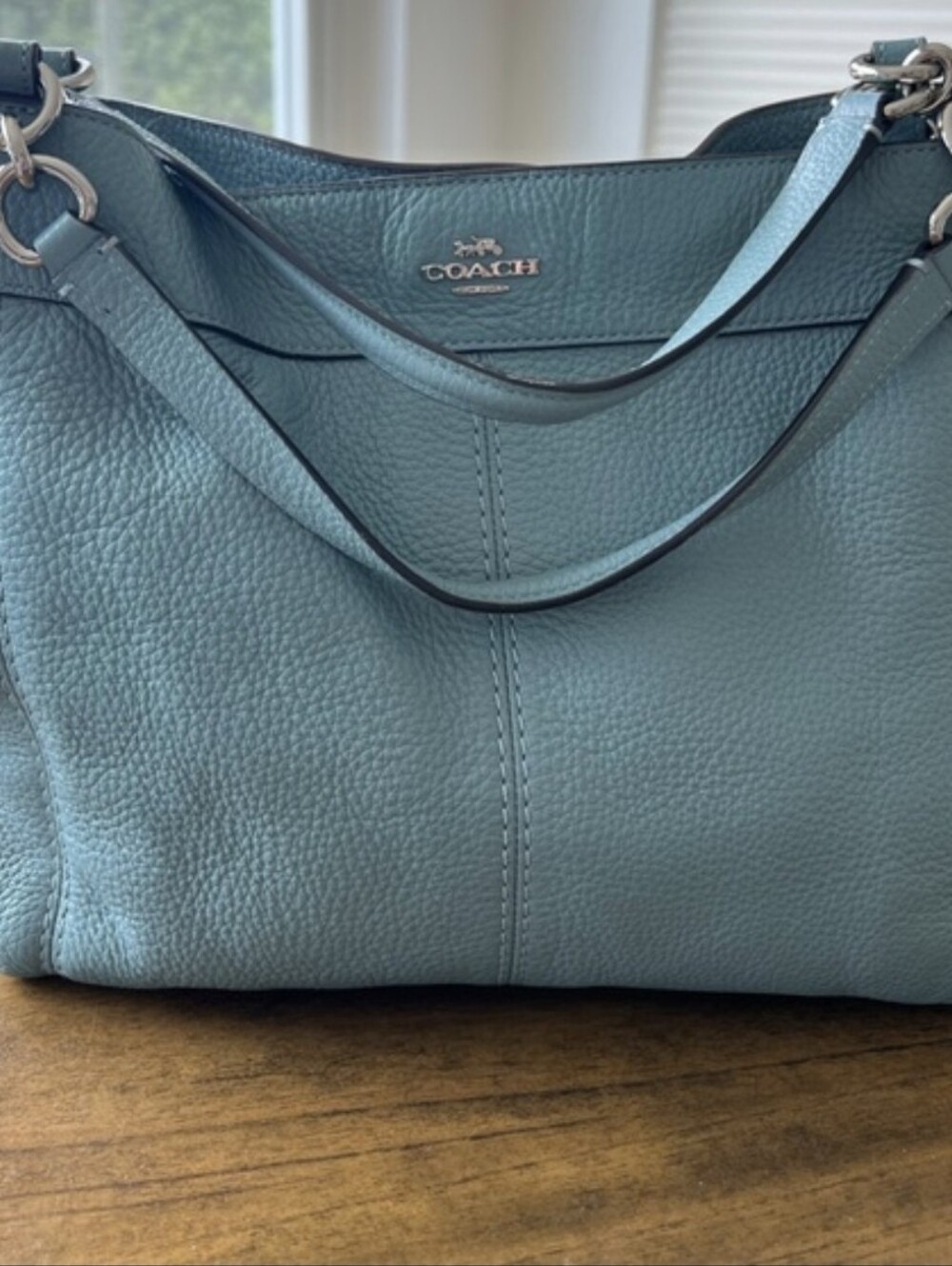 COACH EUC Pebbled Leather Shoulder Bag in Aqua Blue With Silver Accents
